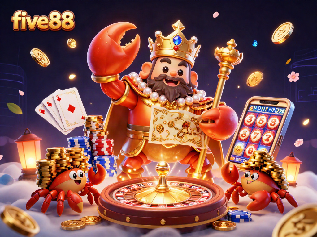 Experience the vibrant five88 casino world with a golden crab emperor and treasure-laden scene.