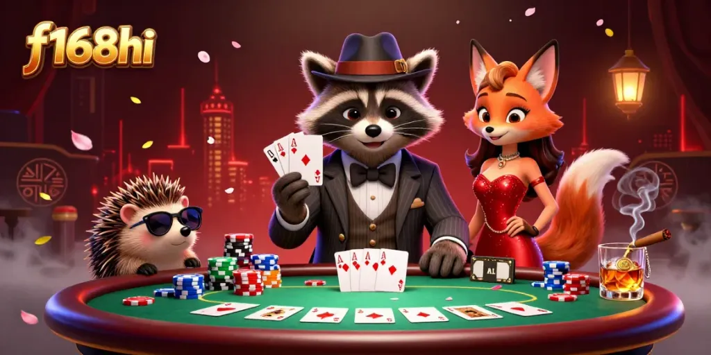 Experience high-stakes poker with f168hi, featuring a suave raccoon and fox lady in a vivid 3D illustration.