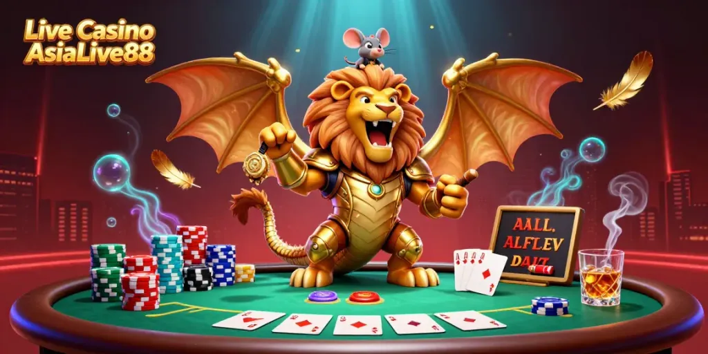 Experience the thrill of Live Casino AsiaLive88 with a roaring chimera and poker elements.
