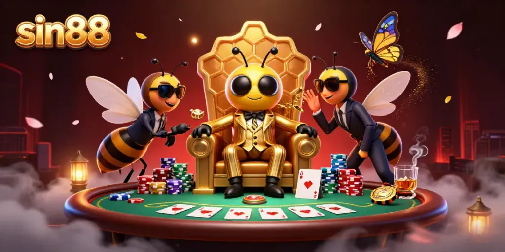 Experience the excitement of sin88 with a dynamic 3D casino scene featuring a bumblebee mob boss.