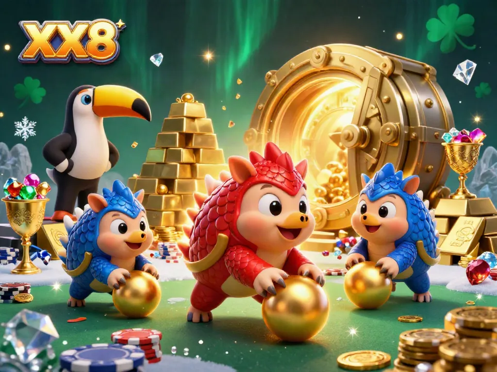 Engaging scene of pangolins in armor featuring XX8 rolling golden balls and bowling through poker chips.