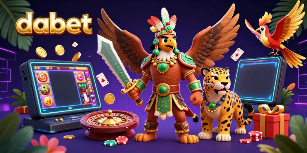 Engage with dabet's thrilling casino experience through a vibrant 3D illustration of Aztec warriors and casino elements.
