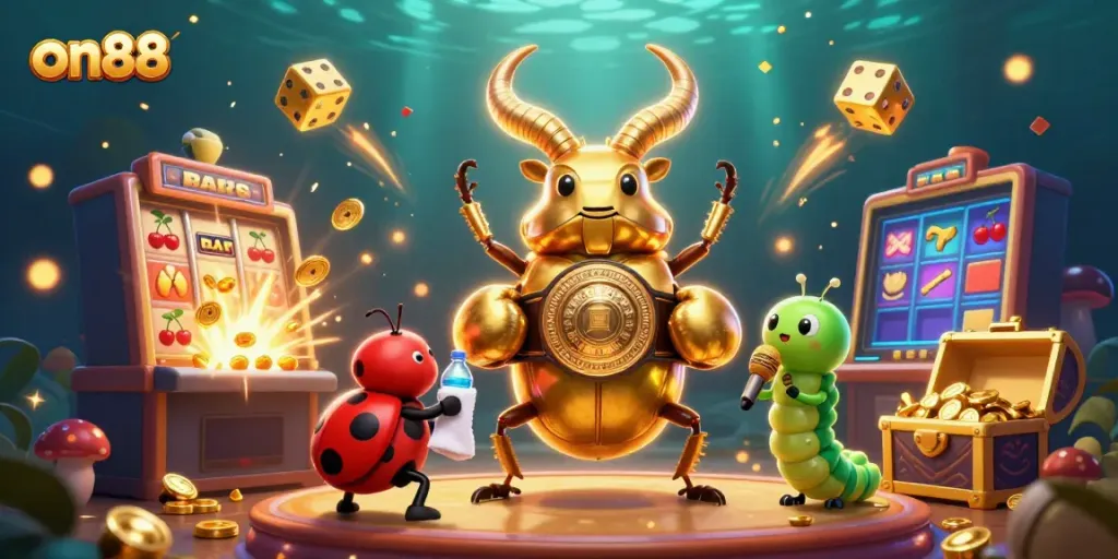 Engage with on88's vibrant 3D casino universe, showcasing dynamic characters and thrilling elements.