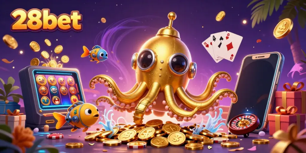 Engage with the thrilling 28bet gaming experience featuring a kraken submarine and slots.