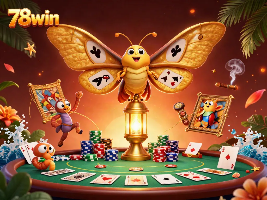 Experience the excitement at 78win with a vibrant casino scene featuring a moth and poker elements.