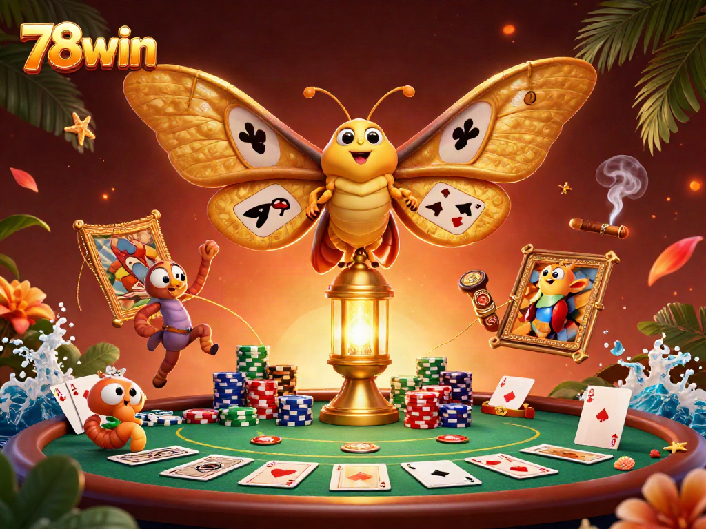 Experience the excitement at 78win with a vibrant casino scene featuring a moth and poker elements.